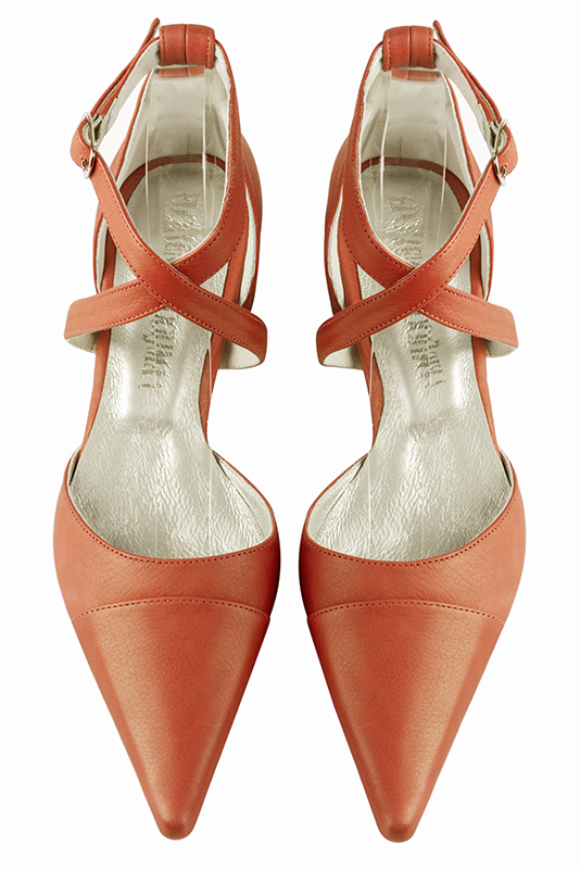 Terracotta orange women's open side shoes, with crossed straps. Pointed toe. Low flare heels. Top view - Florence KOOIJMAN